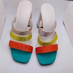 Karl Lagerfeld Rickie Rhinestone Multicolor Satin Block Heel Slide Sandal Size 8